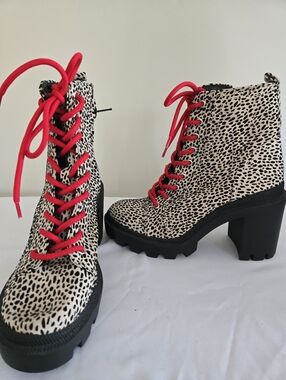 GIANI BINI Leopard Print Chunky Heel Lace-Up Boots with Hot Red Laces